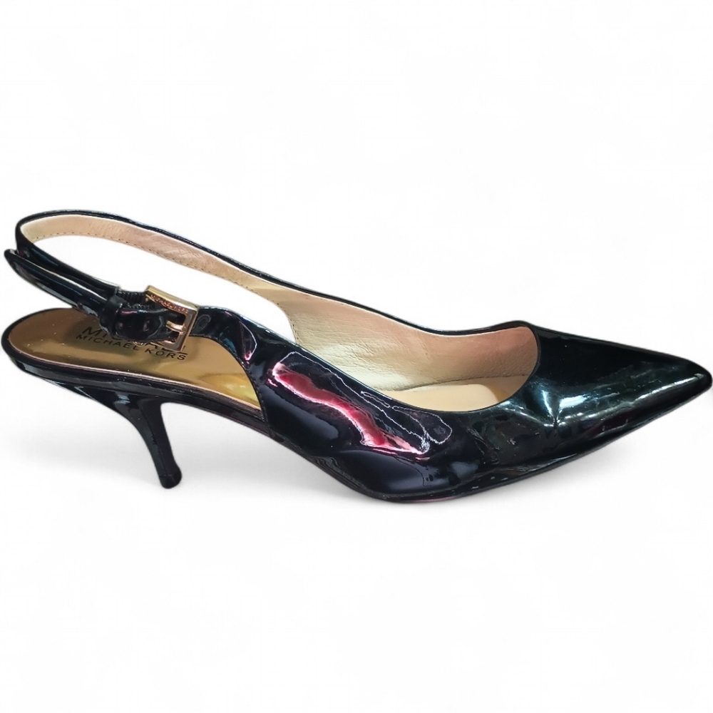 Michael Kors | Kelsey Kitten Slingback | Blk Patent Leather Gold Hardware | Sz 9 - Picture 7 of 14